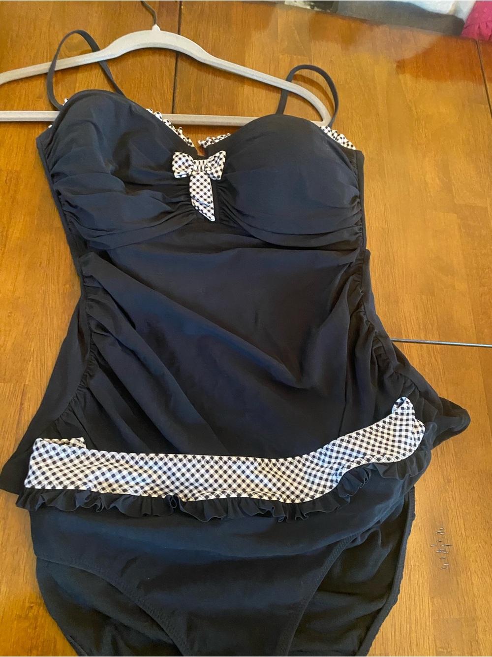 Women’s Black with white gingham trim two piece swimsuit. Never worn